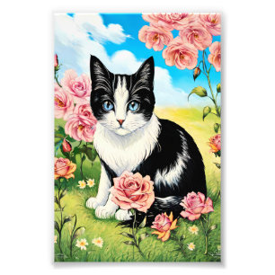 Schwarz-weiß-Katze auf einer blumigen Wiese Fotodruck