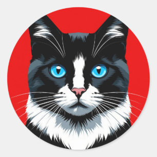 Schwarz-Weiß-Katze Blaue Augen 🐱 Lebendige Katze Runder Aufkleber