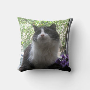 Schwarz-weiß-Katze, Blumen. Kissen
