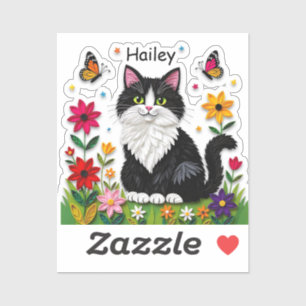 Schwarz-Weiß-Katze, Blumen und Schmetterlinge Aufkleber