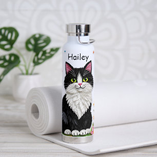 Schwarz-Weiß-Katze, Blumen und Schmetterlinge Trinkflasche
