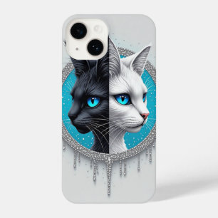 Schwarz-weiß-Katze geteiltes Porträt mit blauen Au iPhone 14 Hülle