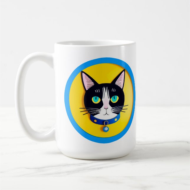 Schwarz-Weiß-Katze-Illustration mit blauen Augen Kaffeetasse (Links)