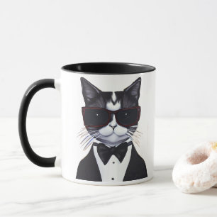 Schwarz-Weiß-Katze in einer Tuxedo- und Bow-Krawat Tasse