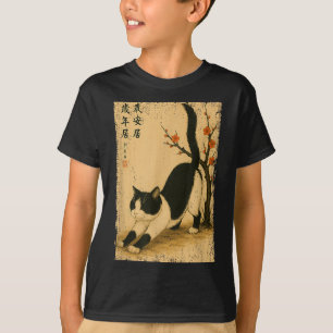 Schwarz-weiß-Katze japanische Blume Japan Kanji T-Shirt