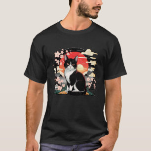Schwarz-Weiß-Katze mit Kirschblüten und Sonnenunte T-Shirt