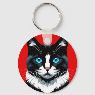 Schwarz-weiß-Katze mit lebendigen blauen Augen Schlüsselanhänger