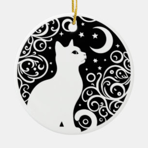 Schwarz-Weiß-Katze-Mond-Fenster-Sonnenfänger Keramik Ornament