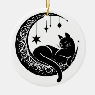 Schwarz-Weiß-Katze Mond Fenster Sonnenschutz Keramik Ornament