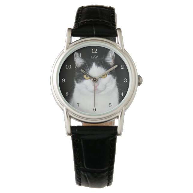 Schwarz-Weiß-Katze-Portrait Armbanduhr (Vorderseite)