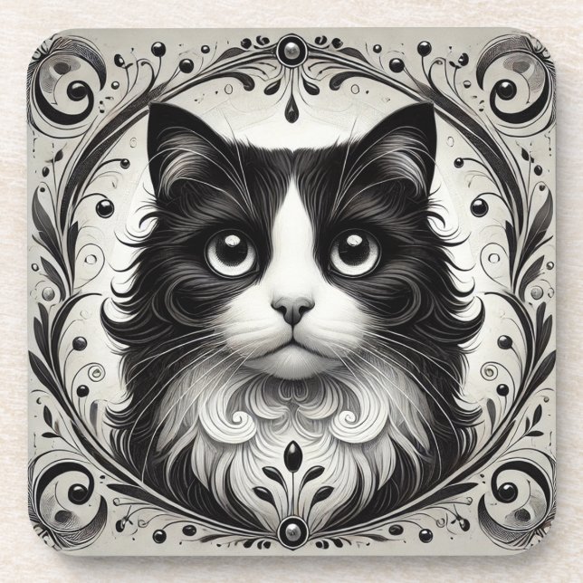 Schwarz-Weiß-Katze-Portrait Getränkeuntersetzer (Vorderseite)