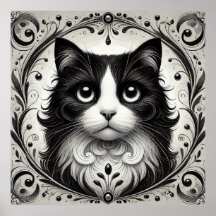 Schwarz-Weiß-Katze-Portrait Poster
