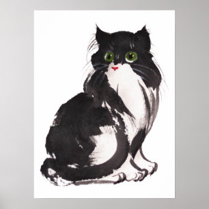 Schwarz-Weiß-Katze-Sumie Aquarell-Farbe und Tinte Poster