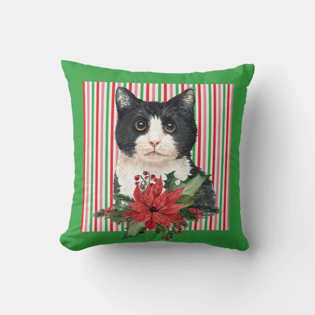Schwarz-Weiß-Katze und Poinsettia Kissen (Vorderseite)