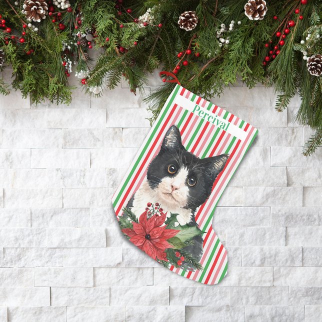 Schwarz-Weiß-Katze und Poinsettia Kleiner Weihnachtsstrumpf (Von Creator hochgeladen)