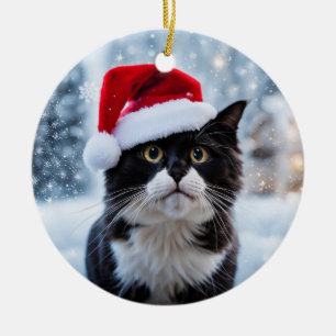 Schwarz-Weiß-Katze Weihnachten Keramik Ornament