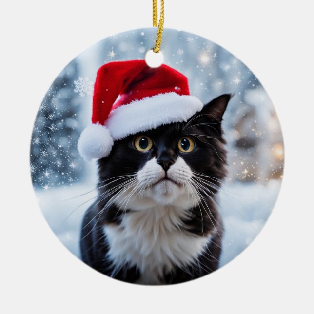 Schwarz-Weiß-Katze Weihnachten Keramik Ornament (Vorne)