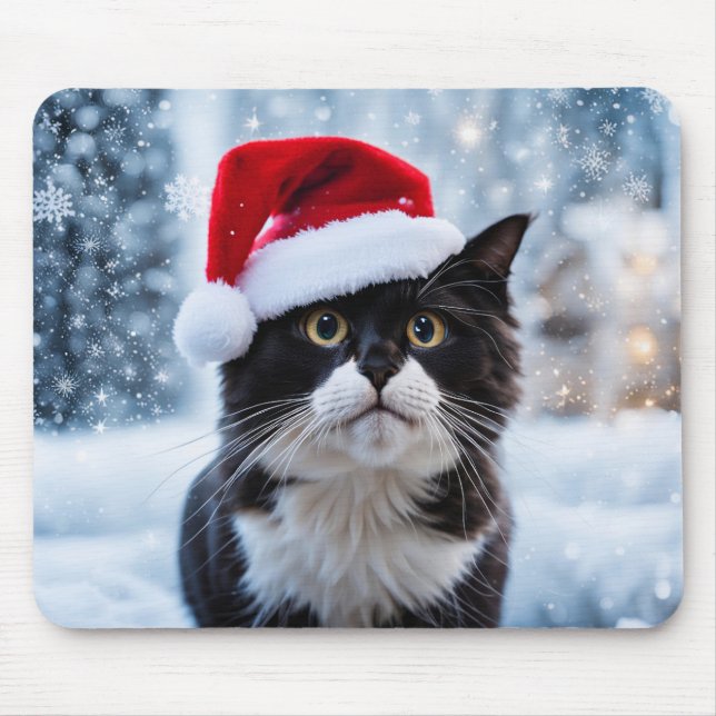 Schwarz-Weiß-Katze Weihnachten Mousepad (Vorne)