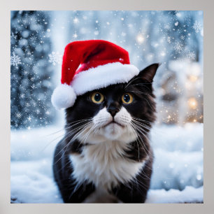 Schwarz-Weiß-Katze Weihnachten Poster