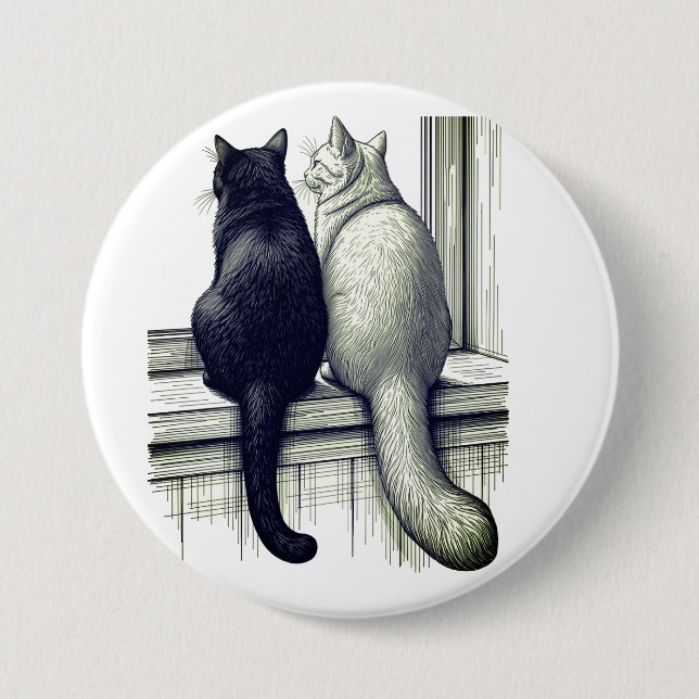Schwarz-Weiß-Katzen am Fenster Button (Vorderseite)