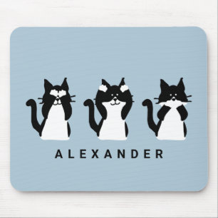 Schwarz-Weiß-Katzen Drei weise Kätzchen Hellblau Mousepad