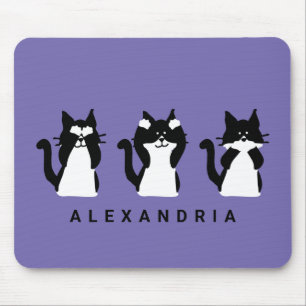Schwarz-Weiß-Katzen Drei weise Kätzchen Lila Mousepad