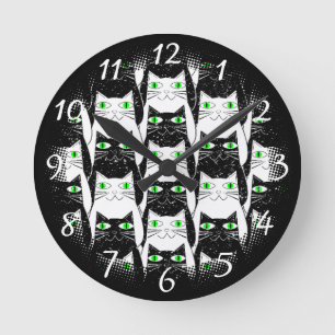 Schwarz-Weiß-Katzen Vintage Alt-Print Runde Wanduhr