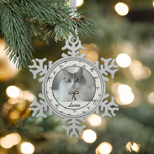 Schwarz-Weiß-Katzenfoto-Schneeflocken-Weihnachtsba Schneeflocken Zinn-Ornament