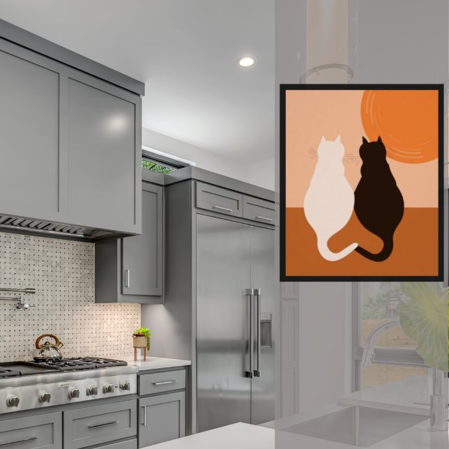 Schwarz-Weiß Katzenpaare - Orange Küche Wanddekor Poster (Modern Black & White Cat Pair, Orange Kitchen Poster)