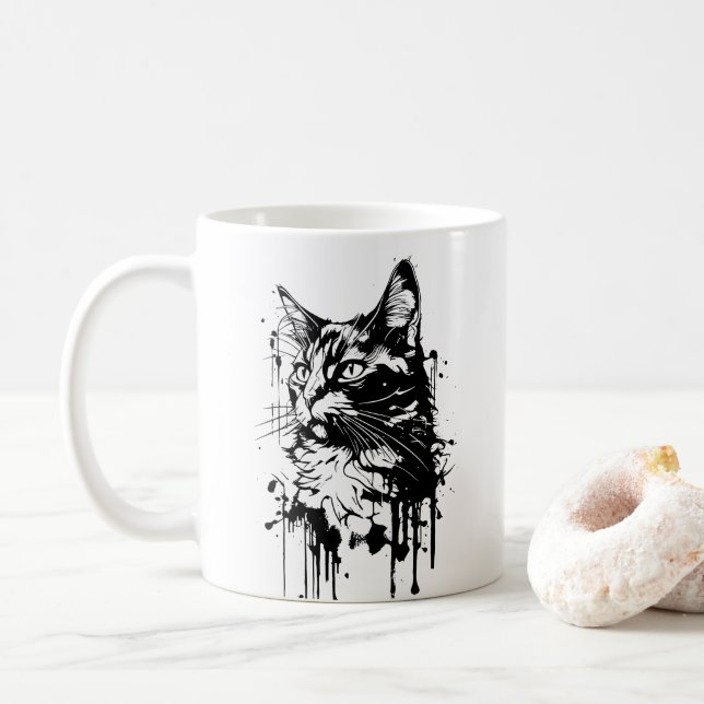 Schwarz-Weiß-Katzenplash Kaffeetasse (Mit Donut)