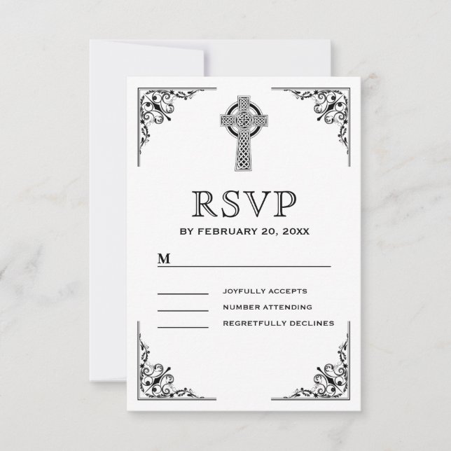 Schwarz-Weiß-Keltenkreuz-Hochzeit RSVP Karte (Vorderseite)