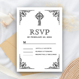 Schwarz-Weiß-Keltenkreuz-Hochzeit RSVP Karte