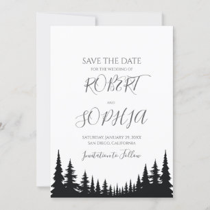 Schwarz-Weiß-Kiefern Winterhochzeit Save The Date
