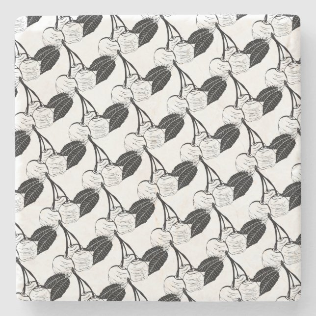 Schwarz-Weiß-Kirschen Steinuntersetzer (Vorderseite)