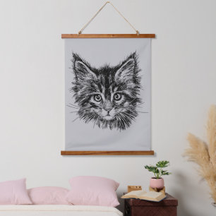 Schwarz-Weiß-Kitten-Gesichter auf Grau Wandteppich Mit Holzrahmen