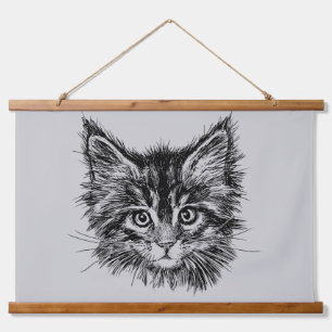 Schwarz-Weiß-Kitten-Gesichter auf Grau Wandteppich Mit Holzrahmen