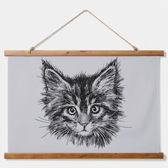 Schwarz-Weiß-Kitten-Gesichter auf Grau Wandteppich Mit Holzrahmen (Vorne)