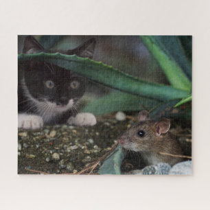 Schwarz & Weiß Kitten mit Maus Jigsaw Puzzle