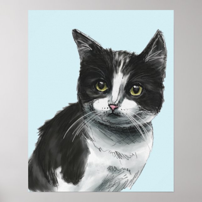 Schwarz-Weiß-Kitten Zeichnend Poster (Vorne)