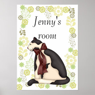 Schwarz-Weiß-Kitty-Katze mit Blumenrand Poster