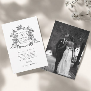 Schwarz-Weiß-Klassiker: Florales Wappen Hochzeitsf Dankeskarte