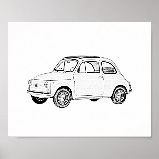 Schwarz-Weiß-klassische Fiat 500 Zeichnend Stift Poster (Vorne)