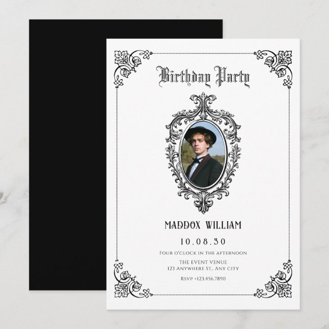 Schwarz-Weiß Klassisches Gotisches Foto Geburtstag Einladung (Vorne/Hinten)