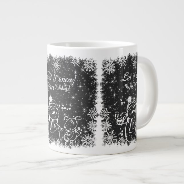 Schwarz-Weiß-Kohle-Schneemann-Let-it-Schnee Jumbo-Tasse (Vorderseite Rechts)