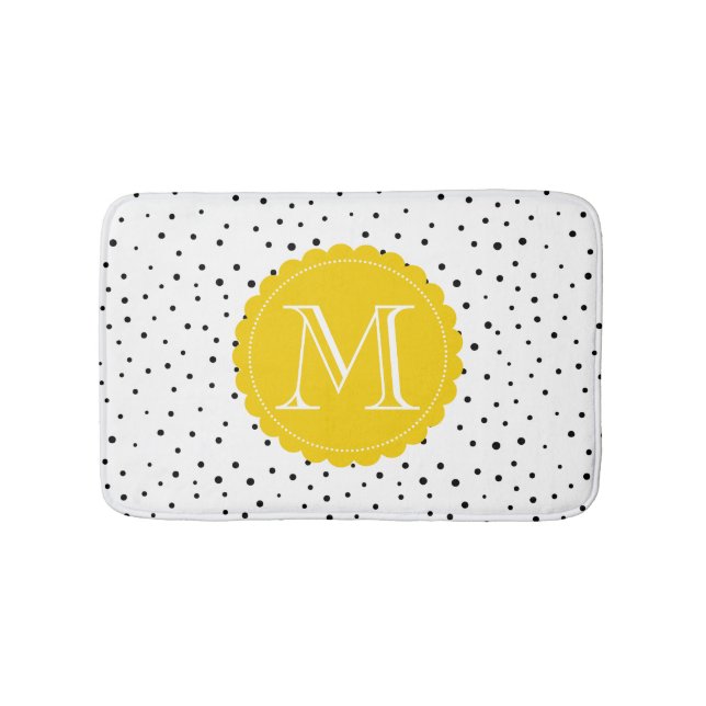 Schwarz-Weiß-Konfetti-Dots Hellgelbe Monogramm Badematte (Vorderseite)