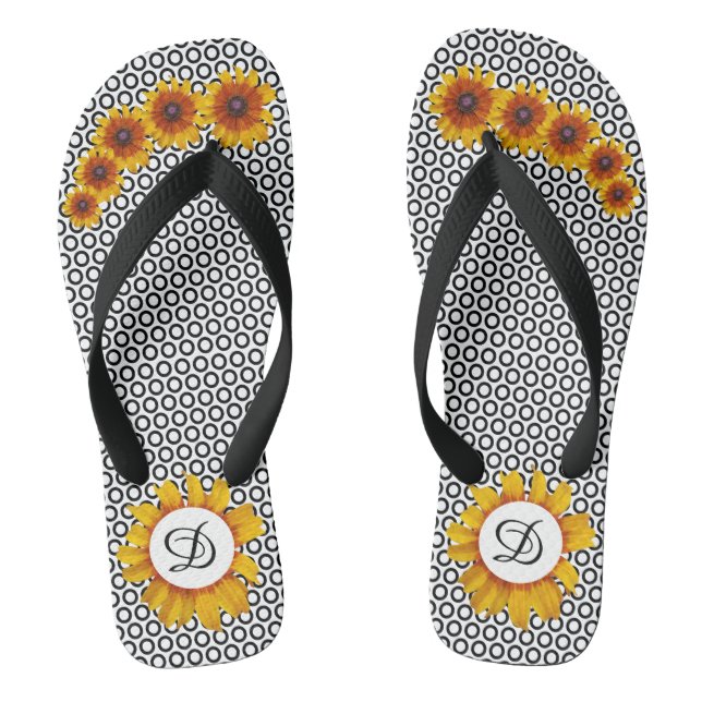 Schwarz-Weiß-Kreise mit Sonnenblumen Flip Flops (Fußbett)