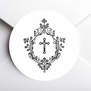 Schwarz-Weiß-Kreuz im vintage religiösen Wappen Runder Aufkleber