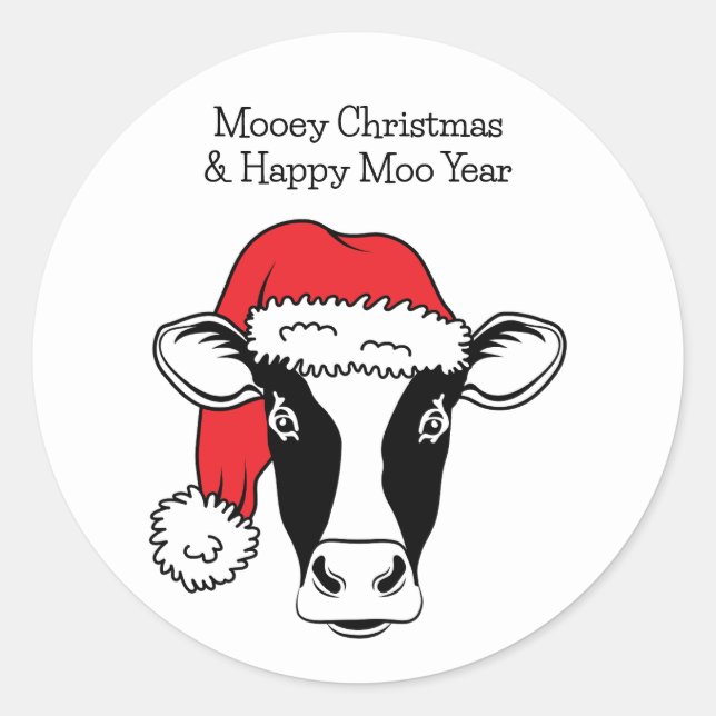 Schwarz-Weiß-Kuh in Weihnachtsmannmütze lustig Wei Runder Aufkleber (Vorderseite)