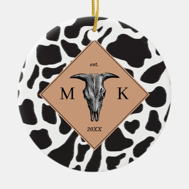 Schwarz-Weiß-Kuh-Spot Tiermuster Monogramm Keramik Ornament (Vorne)