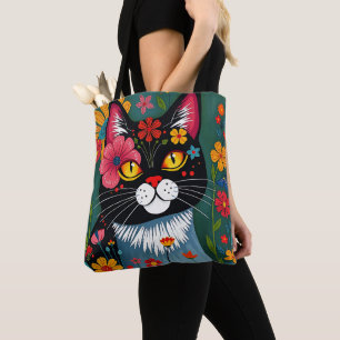 Schwarz-Weiß-Kunst-Katze und Blume Whimsikum